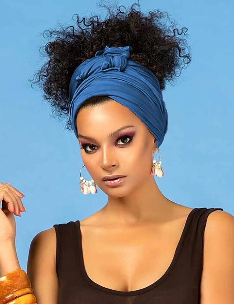 Harewom Headscarf for Black Women Fashion Long Stretch Jersey Turban Hair Wrap for Muslim Locks Headbands Steel Blue - Image 3